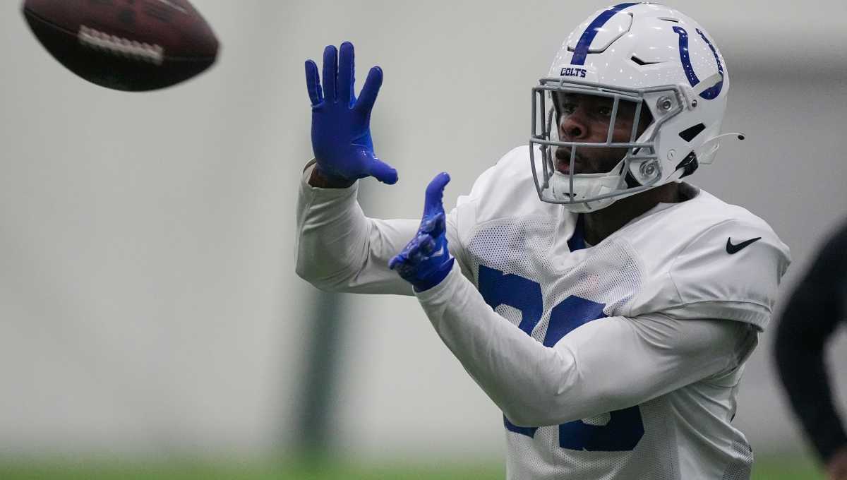 Indianapolis Colts cornerback Darrell Baker Jr. (39) catches the ball Saturday, Aug. 5, 2023, during training camp at Grand Park Sports Campus in Westfield.