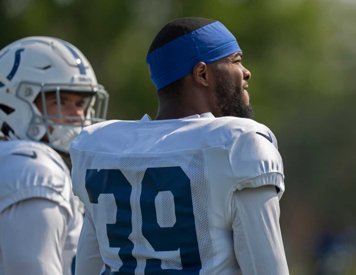 Indianapolis Colts cornerback Darrell Baker Jr. (39) watches during Colts Camp practice at Grand Park, Tuesday, Aug. 1, 2023 in Westfield.