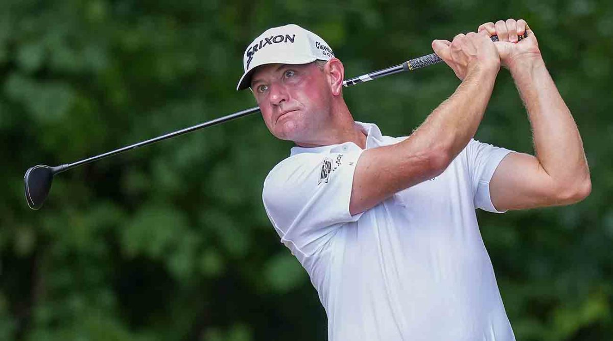 Lucas Glover watches a shot in the final round of the 2023 Wyndham Championship.