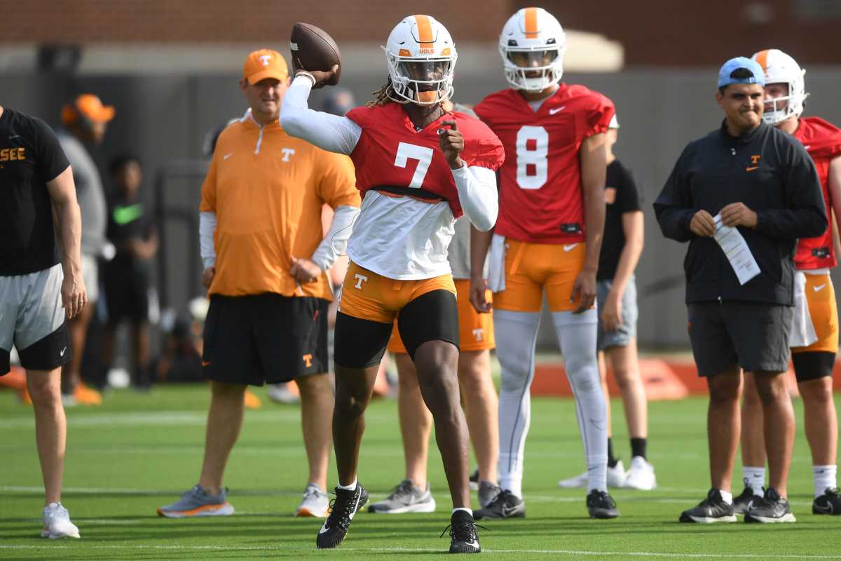 Tennessee QB Joe Milton III during fall camp in Knoxville, Tennessee, on August 2, 2023. (Photo by Caitie McMekin of the News Sentinel)