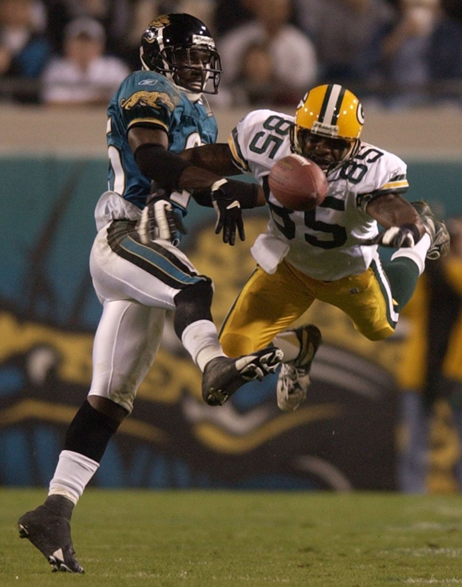 Jacksonville Jaguars defensive back Fernando Bryant defends a pass intended for Green Bay's Corey Bradford in 2018