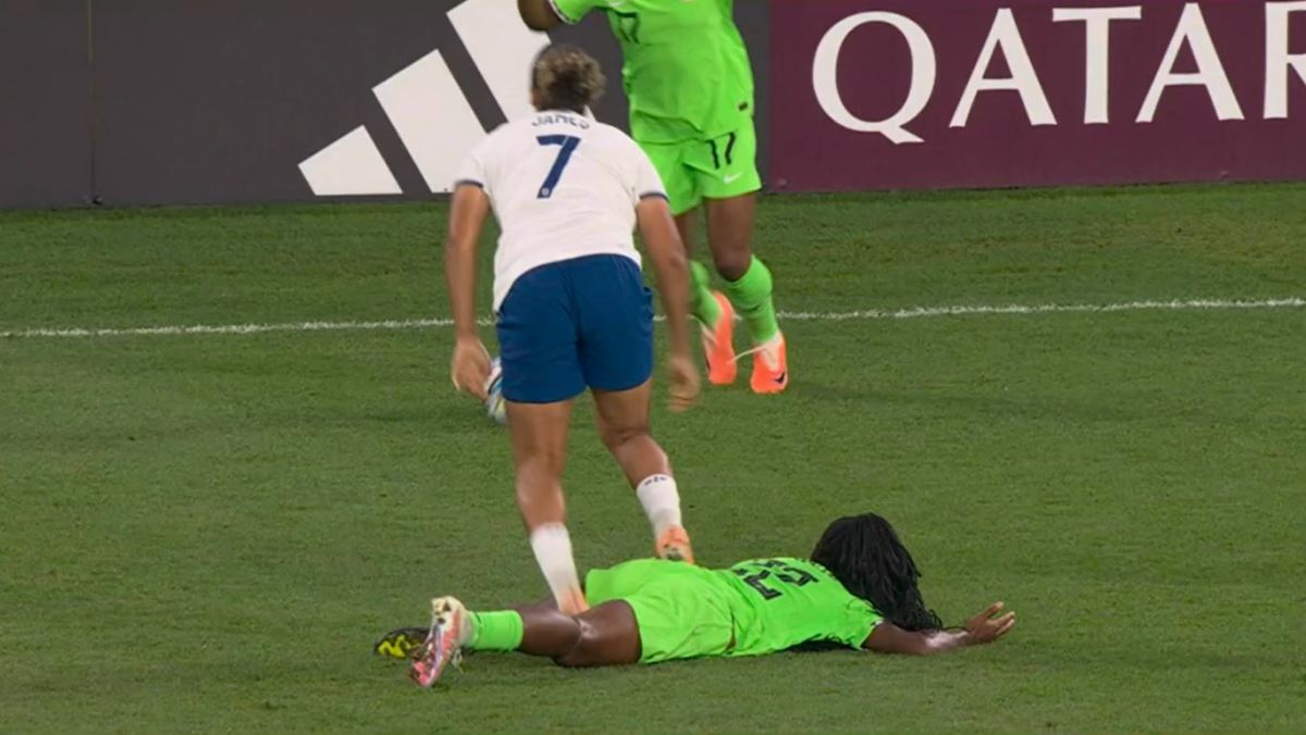 Lauren James pictured standing on Michelle Alozie during England's game against Nigeria at the 2023 FIFA Women's World Cup