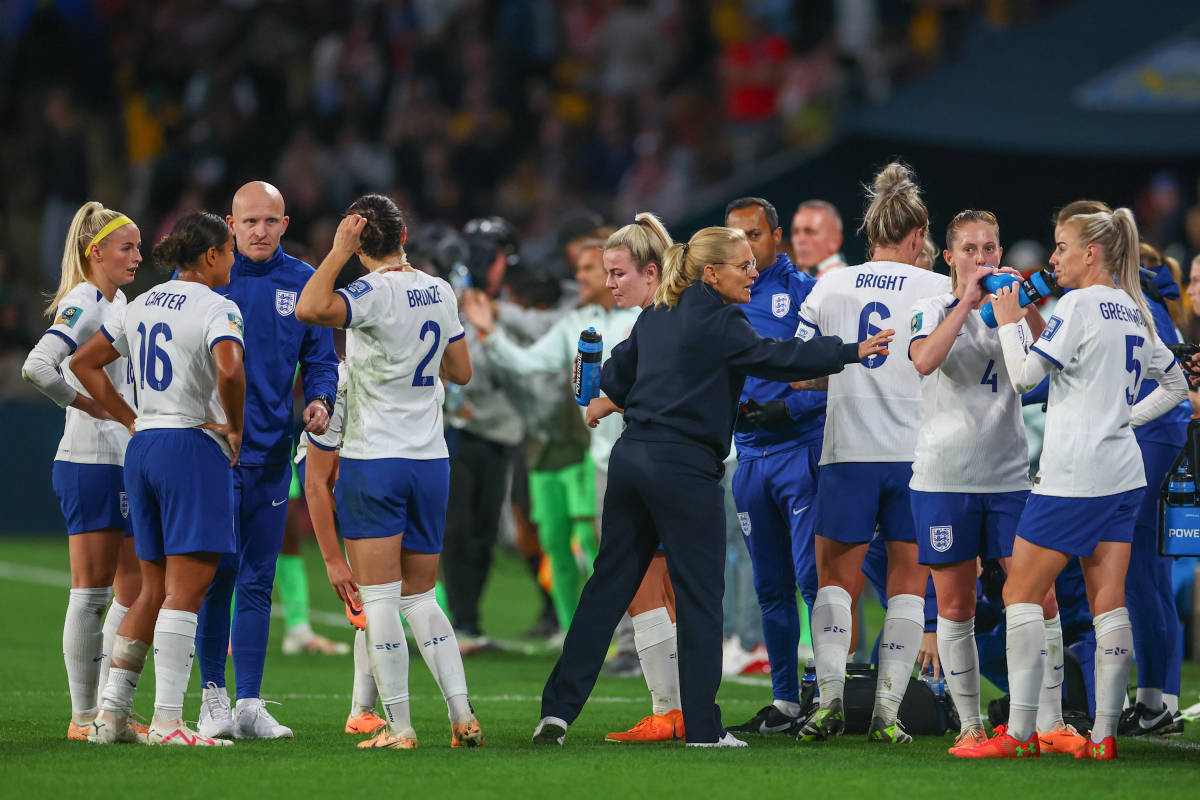 England's players and coaches pictured during their last 16 game against Nigeria at the 2023 FIFA Women's World Cup