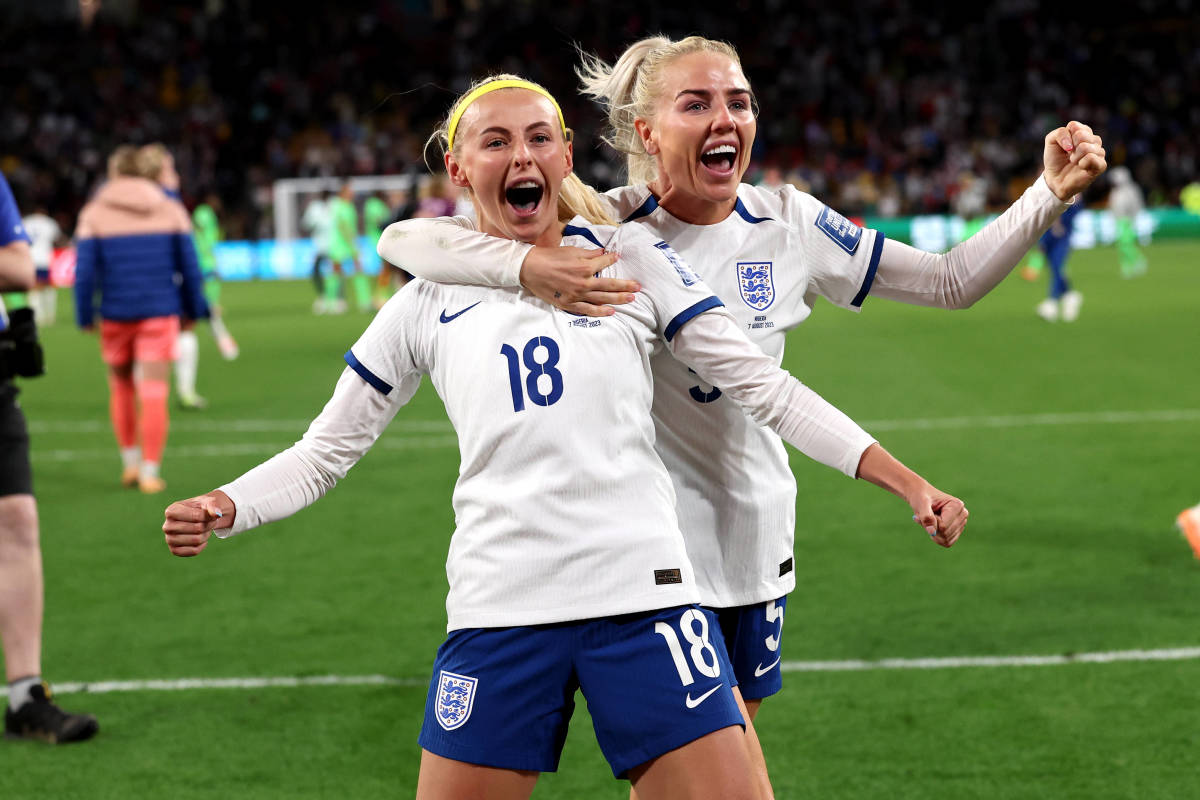 Chloe Kelly (no.18) and Alex Greenwood pictured celebrating after scoring penalty kicks in England's shootout victory over Nigeria at the 2023 FIFA Women's World Cup