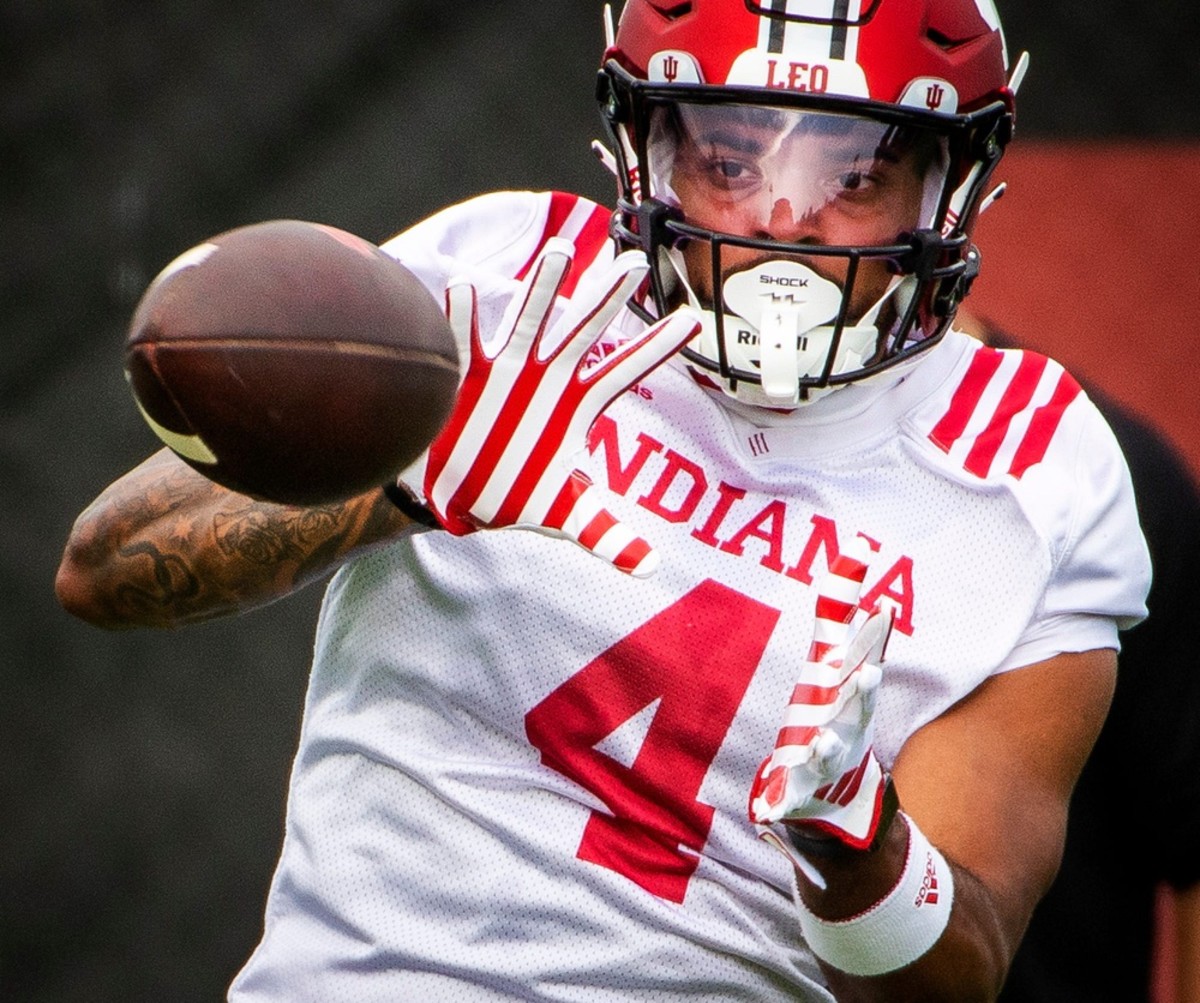 Indiana wide receiver DeQuece Carter catching a pass at fall camp practice in Bloomington. 