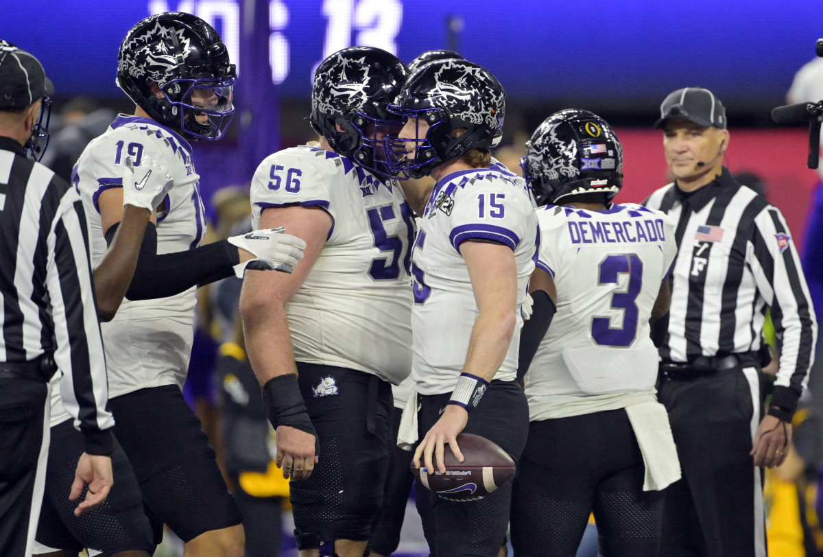 Jan 9, 2023; Inglewood, CA, USA; TCU Horned Frogs quarterback Max Duggan (15) celebrates after scoring a touchdown against the Georgia Bulldogs in the first half in the CFP national championship game at SoFi Stadium. Mandatory Credit: Jayne Kamin-Oncea-USA TODAY Sports
