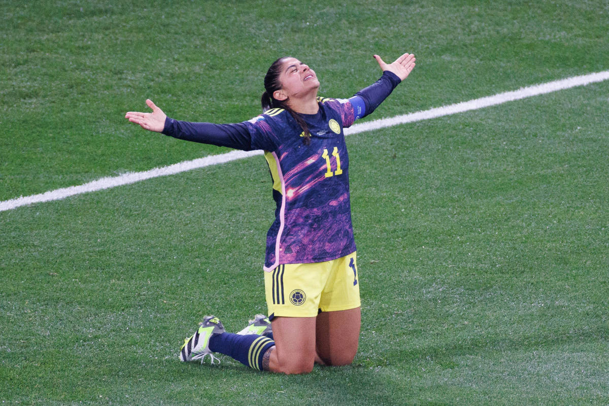 Catalina Usme pictured celebrating after scoring for Colombia in a 1-0 win over Jamaica at the 2023 FIFA Women's World Cup
