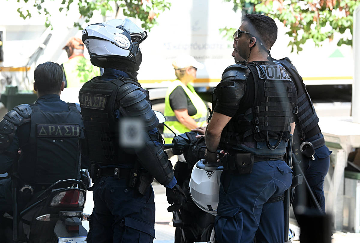 Police officers pictured outside of a hotel in Greece where the Dinamo Zagreb team had been staying ahead of a planned match against AEK Athens in August 2023
