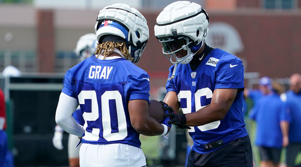Giants rookie running back Eric Gray, with Saquon Barkley at training camp