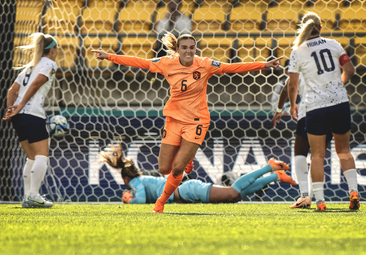 Netherlands' Jill Roord celebrates after scoring against the USWNT during group play of the Women's World Cup.