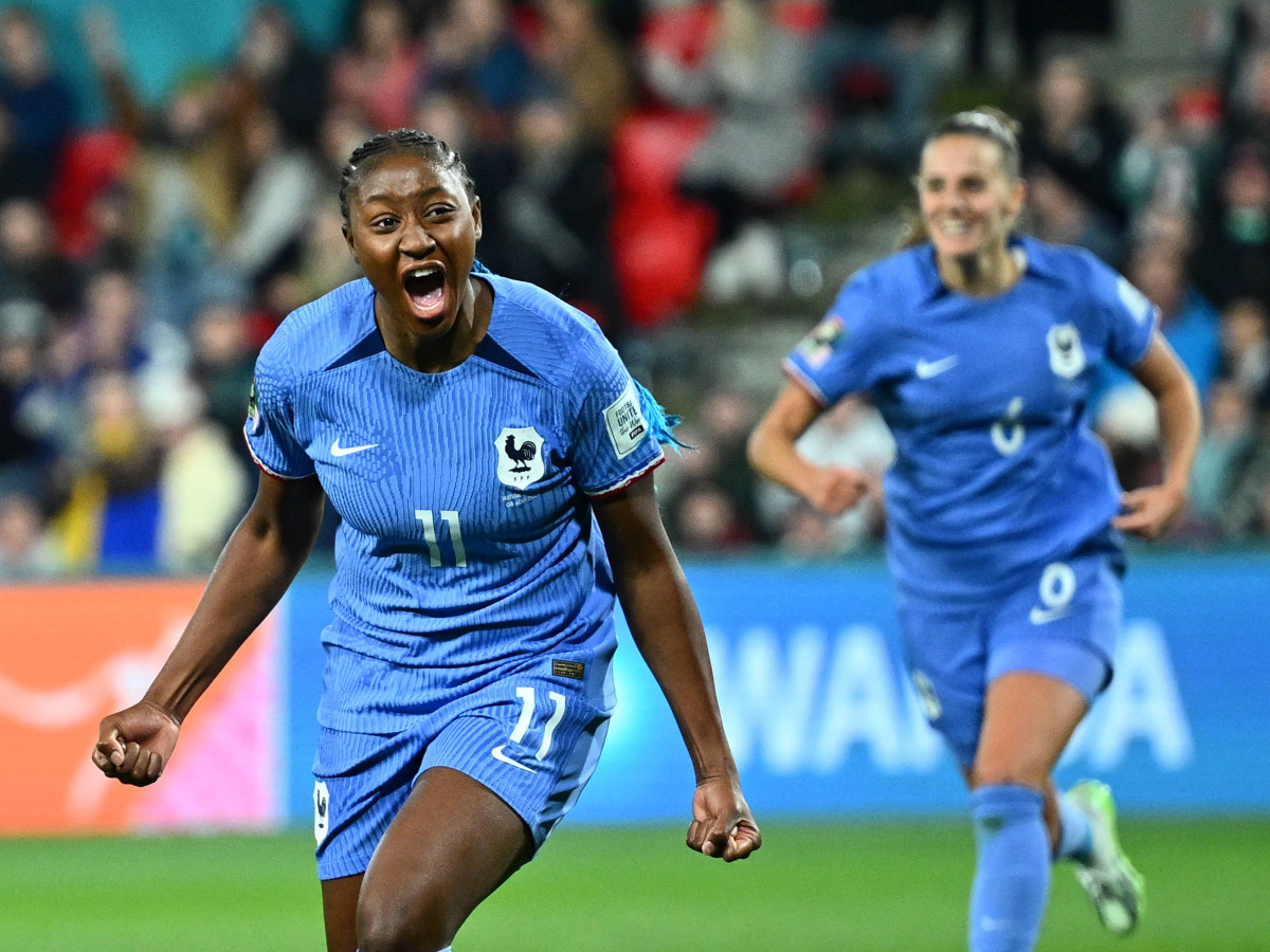 France's Kadidiatou Diani celebrates after scoring against Morocco during the round of 16 at the Women's World Cup.