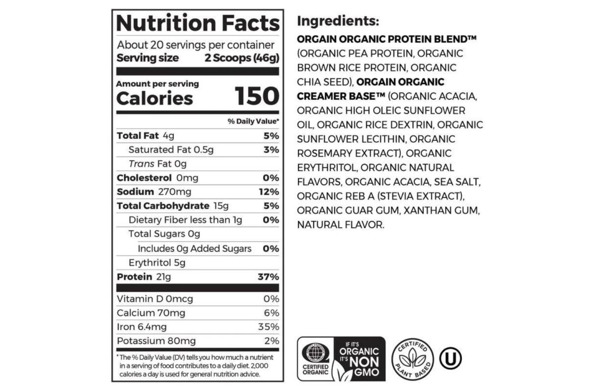 Orgain Nutrition Label