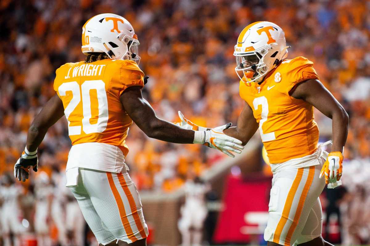 Tennessee RBs Jaylen Wright and Jabari Small celebrating during the Vols' win over Ball State in Knoxville, Tennessee, on September 1, 2022. (Photo by Brianna Paciorka of the News Sentinel)