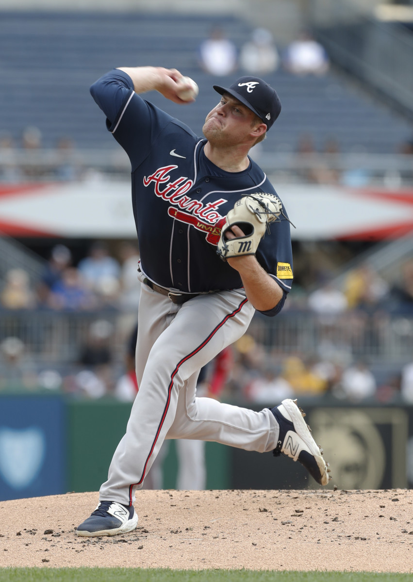 Aug 10, 2023; Pittsburgh, Pennsylvania, USA; Atlanta Braves starting pitcher Bryce Elder (55) delivers a pitch against the Pittsburgh Pirates during the first inning at PNC Park.