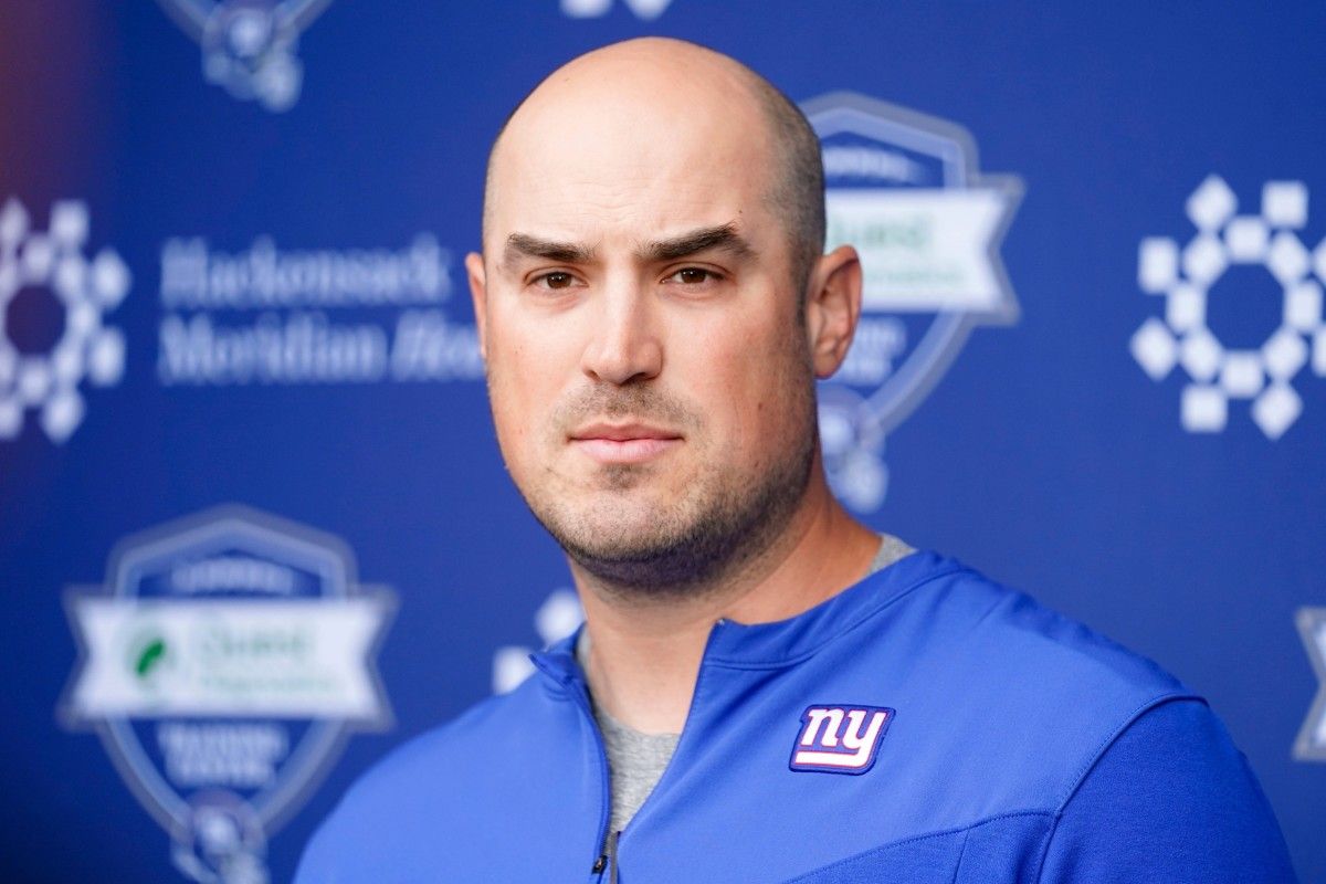 New York Giants offensive coordinator Mike Kafka talks to reporters before organized team activities (OTAs) at the training center in East Rutherford on Thursday, May 19, 2022.
