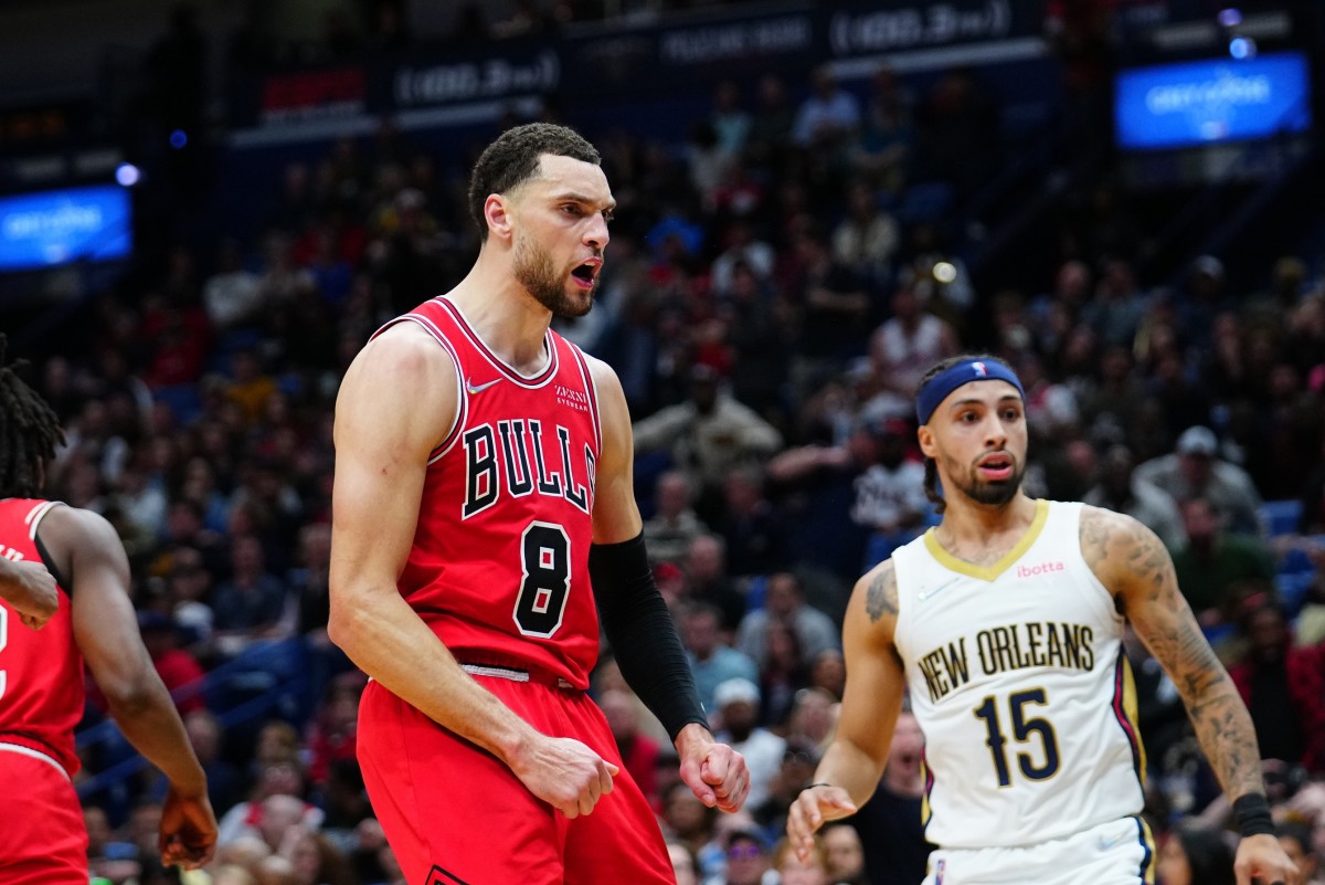 Mar 24, 2022; New Orleans, Louisiana, USA; Chicago Bulls guard Zach LaVine (8) reacts to dunking the ball against the New Orleans Pelicans during the third quarter at Smoothie King Center. Mandatory Credit: Andrew Wevers-USA TODAY Sports