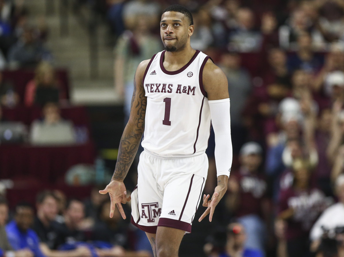 Texas A&M Aggies guard Savion Flagg (1) celebrates after scoring a basket during the first half against the Kentucky Wildcats at Reed Arena.