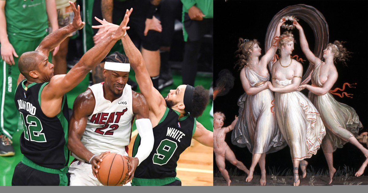 Photo of Al Horford and Derrick White encircling Jimmy Butler is juxtaposed with the Three Graces