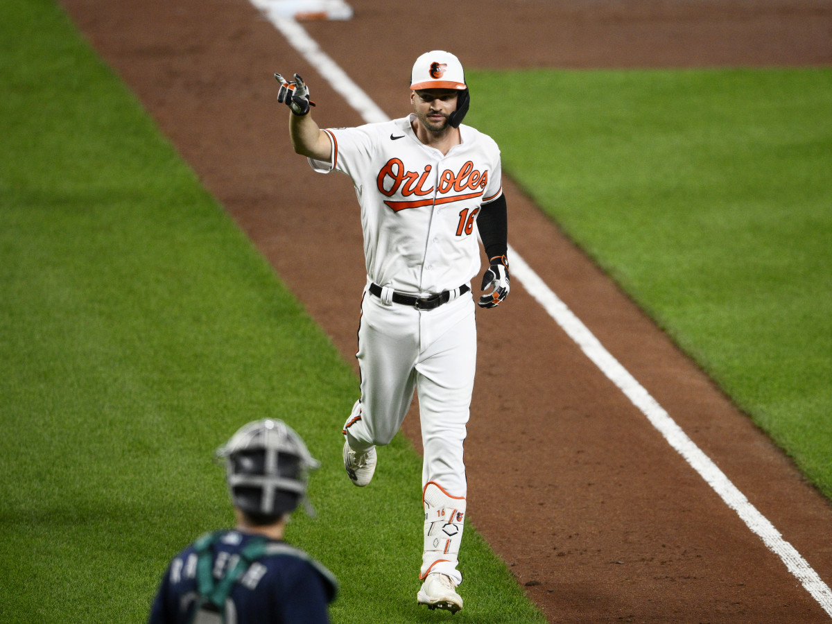 Baltimore Orioles’ Trey Mancini celebrates his two-run home run against the Seattle Mariners during the sixth inning of a baseball game Wednesday, June 1, 2022, in Baltimore.