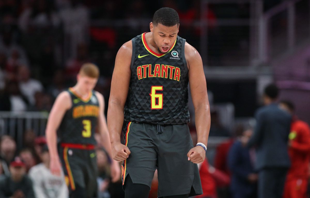 Atlanta Hawks forward Omari Spellman (6) celebrates a play in the second half against the Chicago Bulls at State Farm Arena.