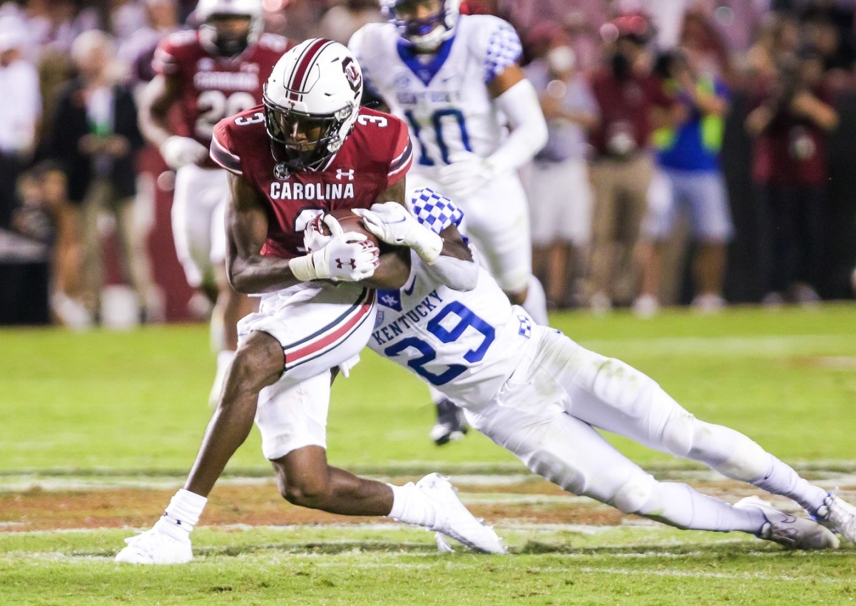 Sep 25, 2021; Columbia, South Carolina, USA; South Carolina Gamecocks wide receiver Jalen Brooks (3) is brought down by Kentucky Wildcats defensive back Yusuf Corker (29) in the fourth quarter at Williams-Brice Stadium.