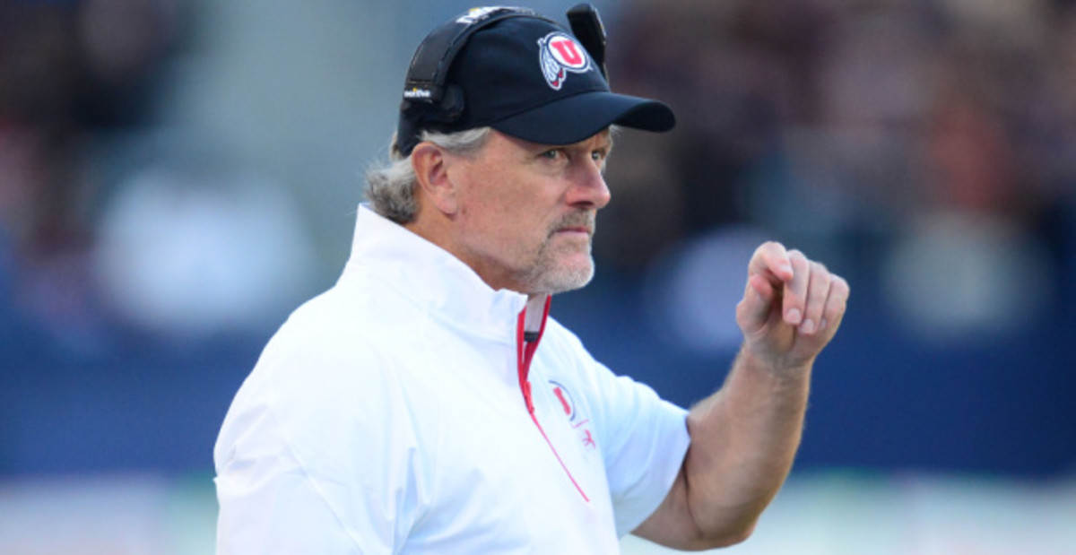 Utah Utes head coach Kyle Whittingham on the sidelines during a college football game.