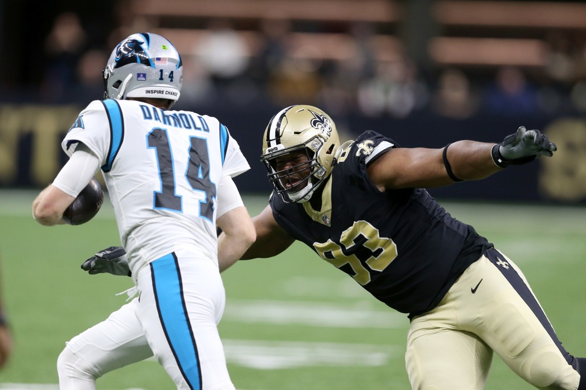 New Orleans Saints defensive tackle David Onyemata (93) pressures Carolina quarterback Sam Darnold (14). Mandatory Credit: Chuck Cook-USA TODAY Sports