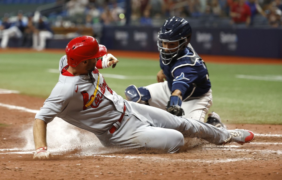 Tampa Bay Rays catcher Francisco Mejia (21) tags out St. Louis Cardinals first baseman Paul Goldschmidt (46) during the tenth inning at Tropicana Field. (Kim Klement-USA TODAY Sports)