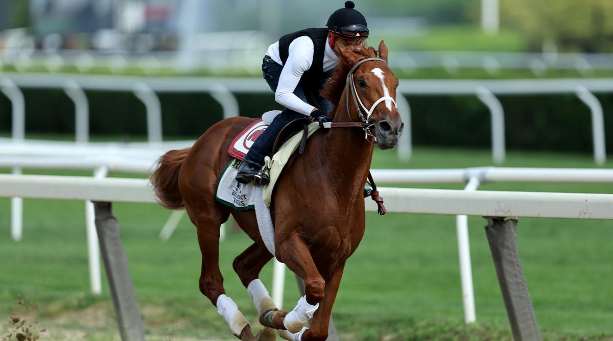 Jun 7, 2022; Elmont, NY, USA; Kentucky Derby winner Rich Strike works out on the main track at Belmont Park.
