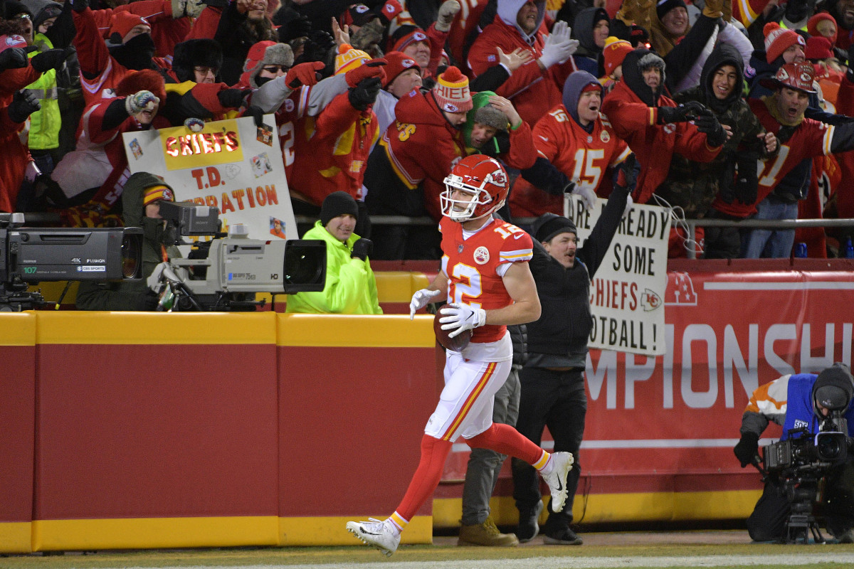 Jan 20, 2019; Kansas City, MO, USA; Kansas City Chiefs wide receiver Gehrig Dieter (12) celebrates after scoring a touchdown against the New England Patriots during the second half of the AFC Championship game at Arrowhead Stadium. Mandatory Credit: Denny Medley-USA TODAY Sports