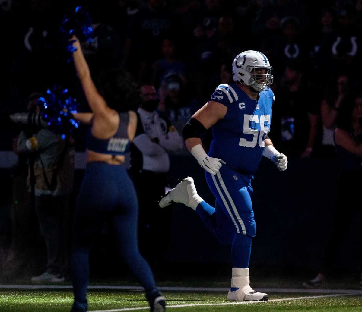 Indianapolis Colts guard Quenton Nelson (56) takes the field Thursday, Nov. 4, 2021, before a game against the New York Jets at Lucas Oil Stadium in Indianapolis.