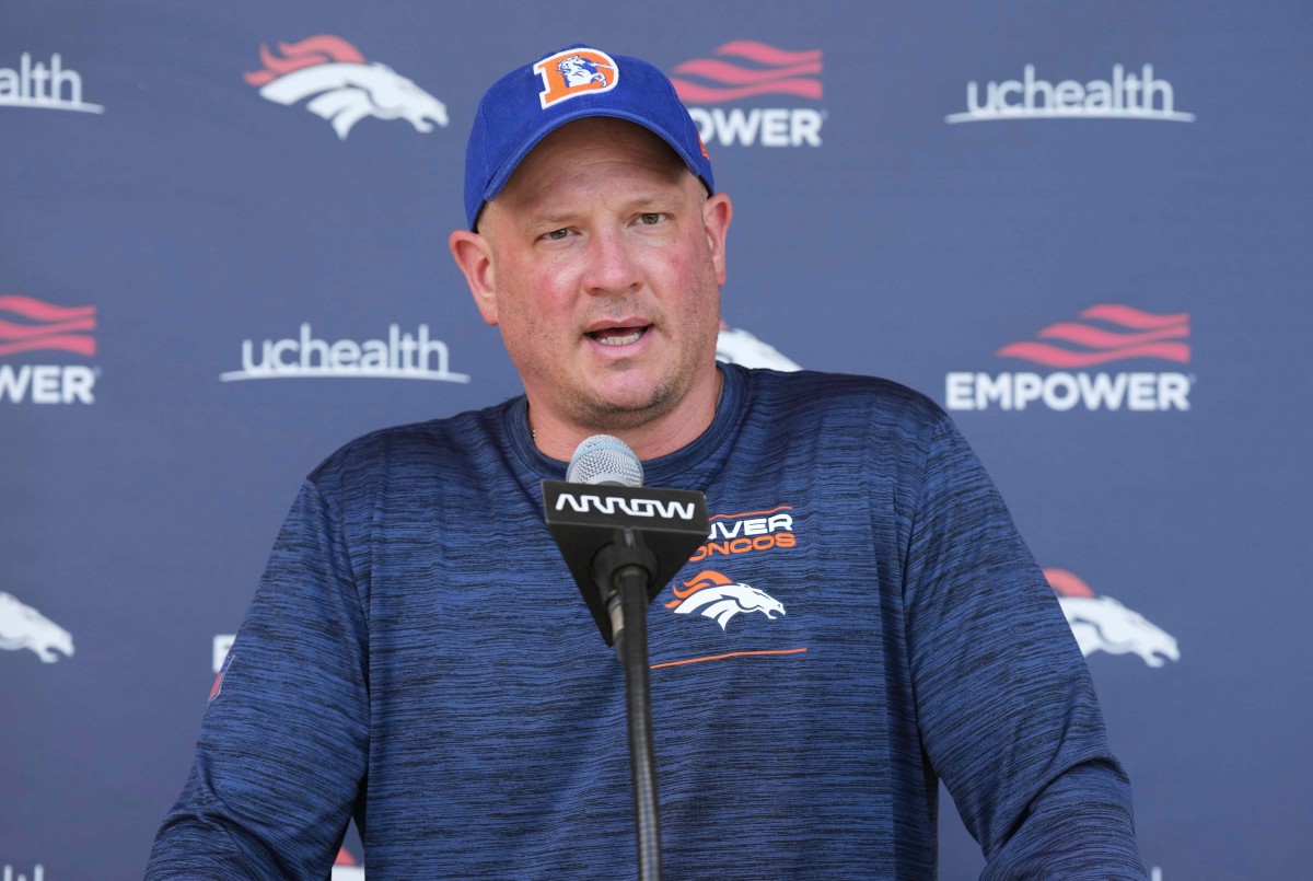 Denver Broncos head coach Nathaniel Hackett speaks to the media following OTA workouts at the UC Health Training Center.