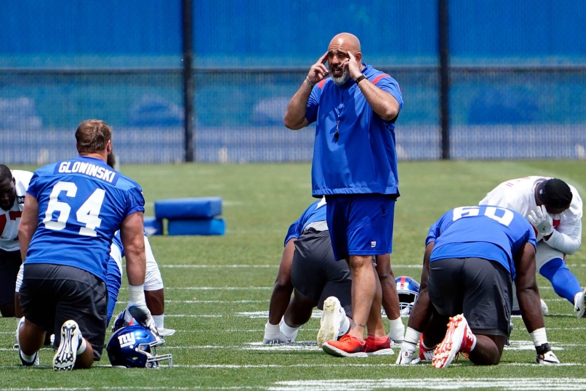 New York Giants offensive line coach Bobby Johnson on the field for mandatory minicamp at the Quest Diagnostics Training Center on Tuesday, June 7, 2022, in East Rutherford.