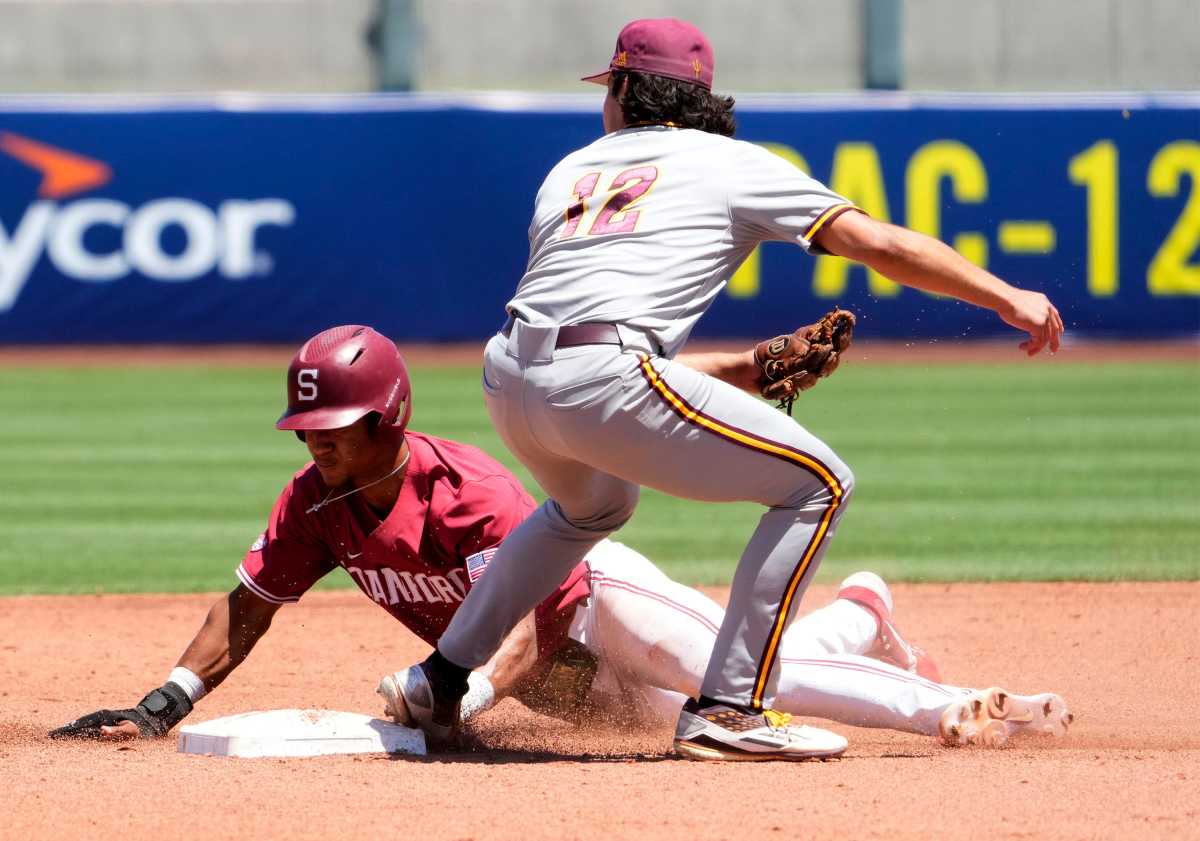 Stanford Cardinal Braden Montgomery (6) steals second under Arizona State infielder Nathan Baez (12) in the second inning during the Pac-12 Baseball Tournament at Scottsdale Stadium. Ncaa Baseball Stanford At Arizona State