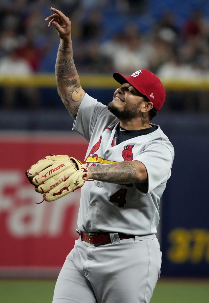 St. Louis Cardinals catcher and occasional emergency pitcher Yadier Molina (4) reacts after striking out Tampa Bay Rays shortstop Isaac Paredes (not pictured) during the eighth inning at Tropicana Field. (Dave Nelson-USA TODAY Sports)
