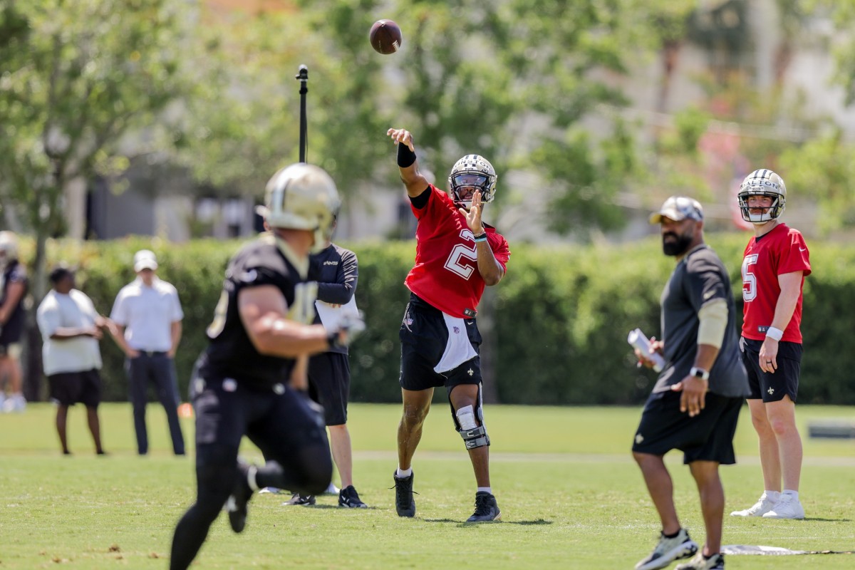 New Orleans Saints Jameis Winston (2) works on passing drills with Adam Prentice (46) during organized team activities at the Saints Training Facility. Mandatory Credit: Stephen Lew-USA TODAY Sports