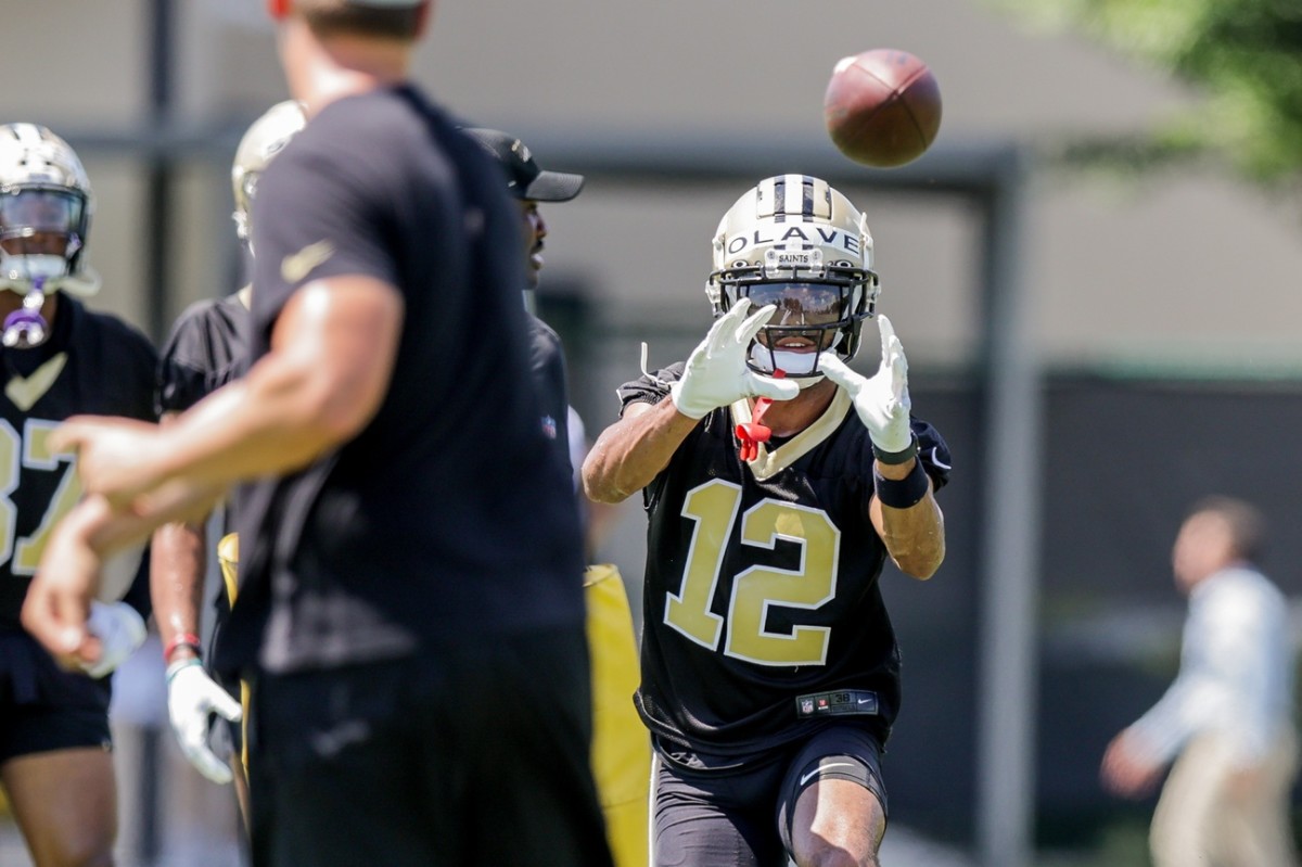 New Orleans Saints Chris Olave (12) during organized team activities at the Saints Training Facility. Mandatory Credit: Stephen Lew-USA TODAY
