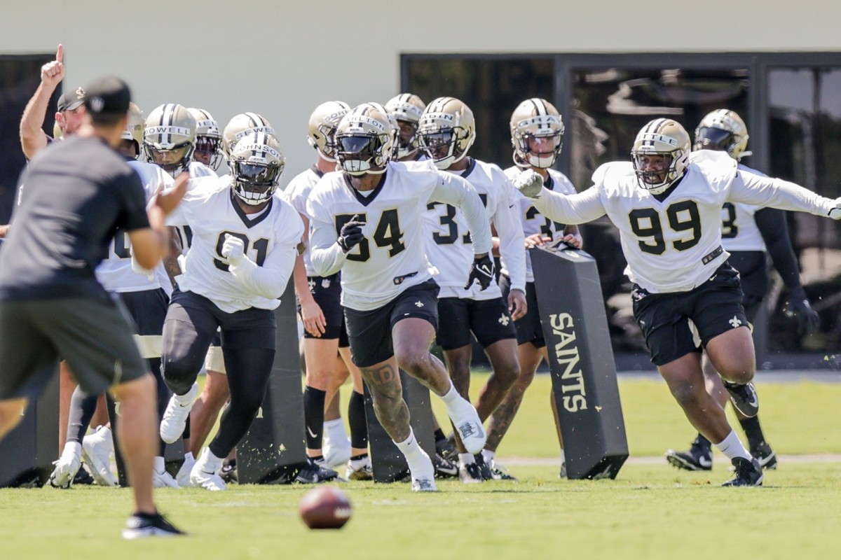 New Orleans Saints Jaleel Johnson (91), Taco Charlton (54) and Shy Tuttle (99) run drills during organized team activities at the New Orleans Saints Training Facility. Mandatory Credit: Stephen Lew-USA TODAY Sports