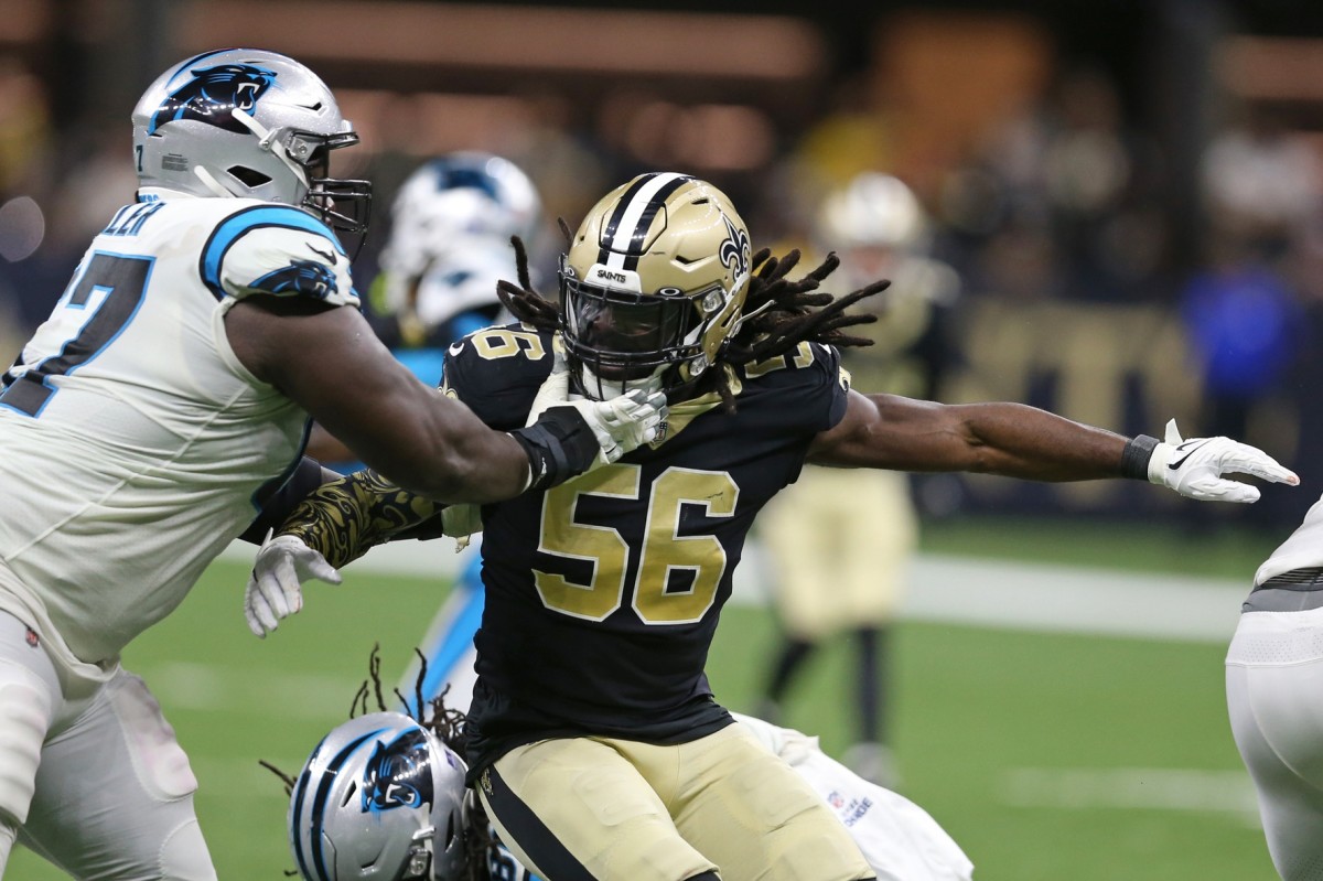 New Orleans Saints outside linebacker Demario Davis (56) battles Carolina Panthers guard John Miller (67). Mandatory Credit: Chuck Cook-USA TODAY Sports