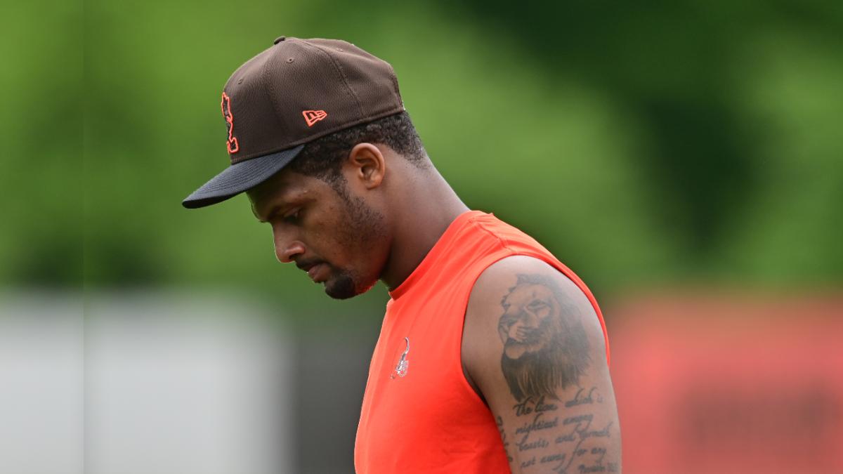 May 25, 2022; Berea, OH, USA; Cleveland Browns quarterback Deshaun Watson (4) walks off the field during organized team activities at CrossCountry Mortgage Campus. Mandatory Credit: Ken Blaze-USA TODAY Sports
