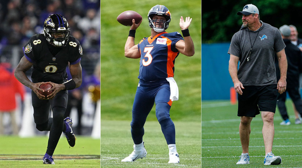Lamar Jackson, Russell Wilson and Dan Campbell in three separate photos.