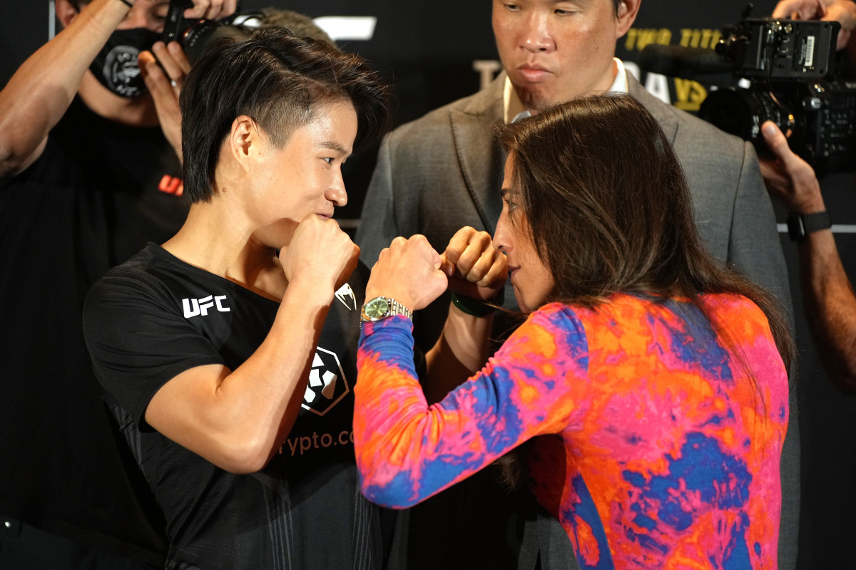 Zhang Weili and Joanna Jedrzejczyk attend UFC 275 media day,