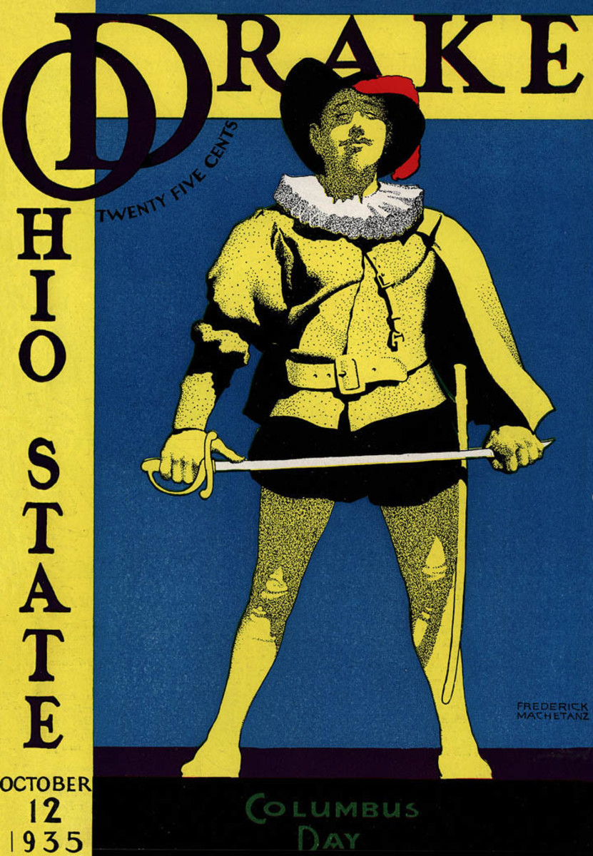 The cover of Ohio State's game day program featured English explorer Sir Francis Drake descending upon a city and on a holiday named after Christopher Columbus.