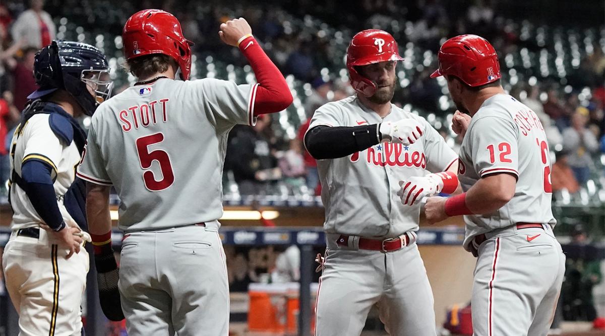 Philadelphia Phillies’ Bryce Harper is congratulated by Kyle Schwarber (12) and Bryson Stott (5) after hitting a three-run home run during the ninth inning of a baseball game against the Milwaukee Brewers Wednesday, June 8, 2022, in Milwaukee.