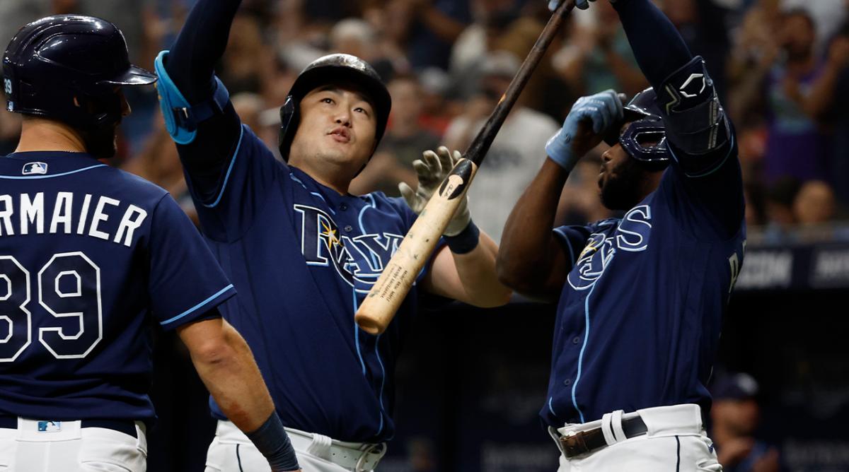 Jun 9, 2022; St. Petersburg, Florida, USA; Tampa Bay Rays first baseman Ji-Man Choi (26) celebrates as he hits a 2-run home run during the fourth inning against the St. Louis Cardinals at Tropicana Field.