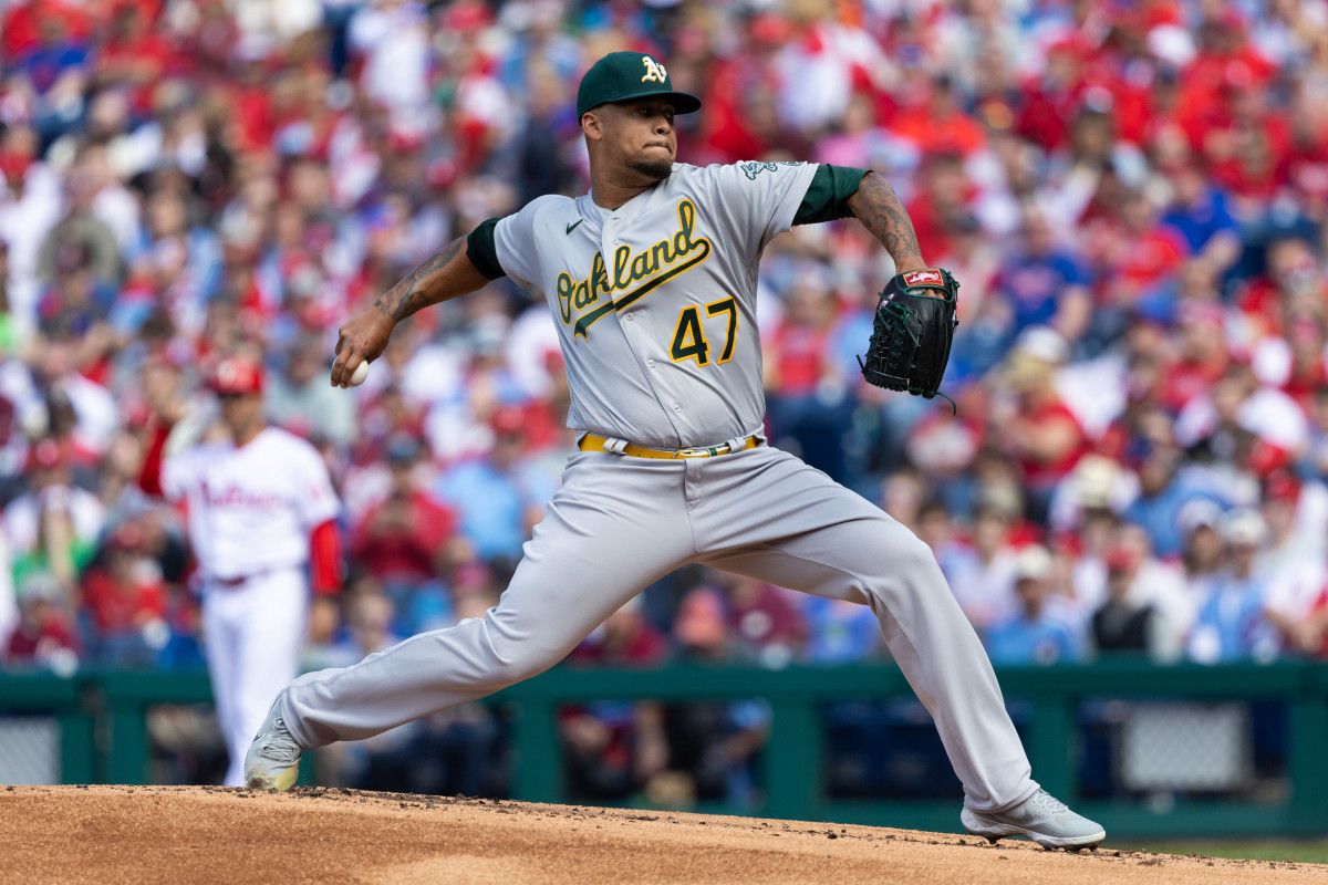 Frankie Montas of the Oakland Athletics pitches against the Philadelphia Phillies on Opening Day 2022.