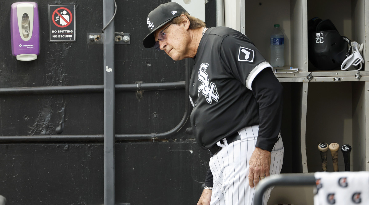 May 28, 2022; Chicago, Illinois, USA; Chicago White Sox manager Tony La Russa (22) looks on from dugout during the first inning of a baseball game against the Chicago Cubs at Guaranteed Rate Field.