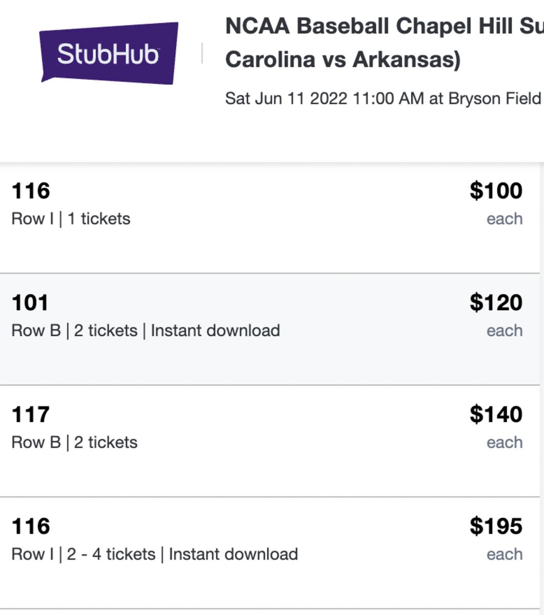 An image of tickets for sale to the Chapel Hill super regional on Stubhub.