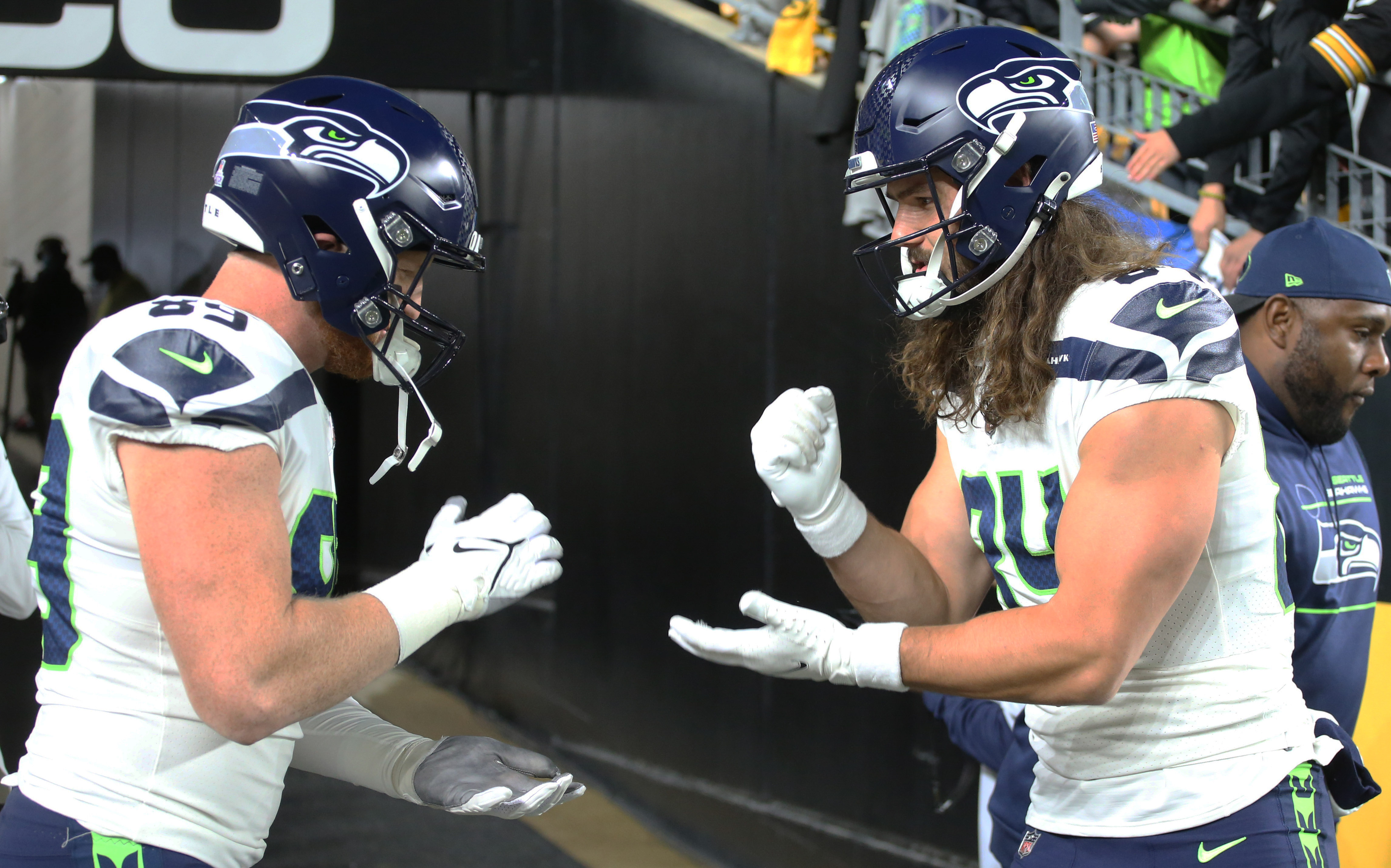 NFL: Seattle Seahawks at Pittsburgh Steelers Oct 17, 2021; Pittsburgh, Pennsylvania, USA; Seattle Seahawks tight ends Will Dissly (89) and Colby Parkinson (84) play rock paper scissors as part of their pre-game routine before the game against the Pittsburgh Steelers at Heinz Field.