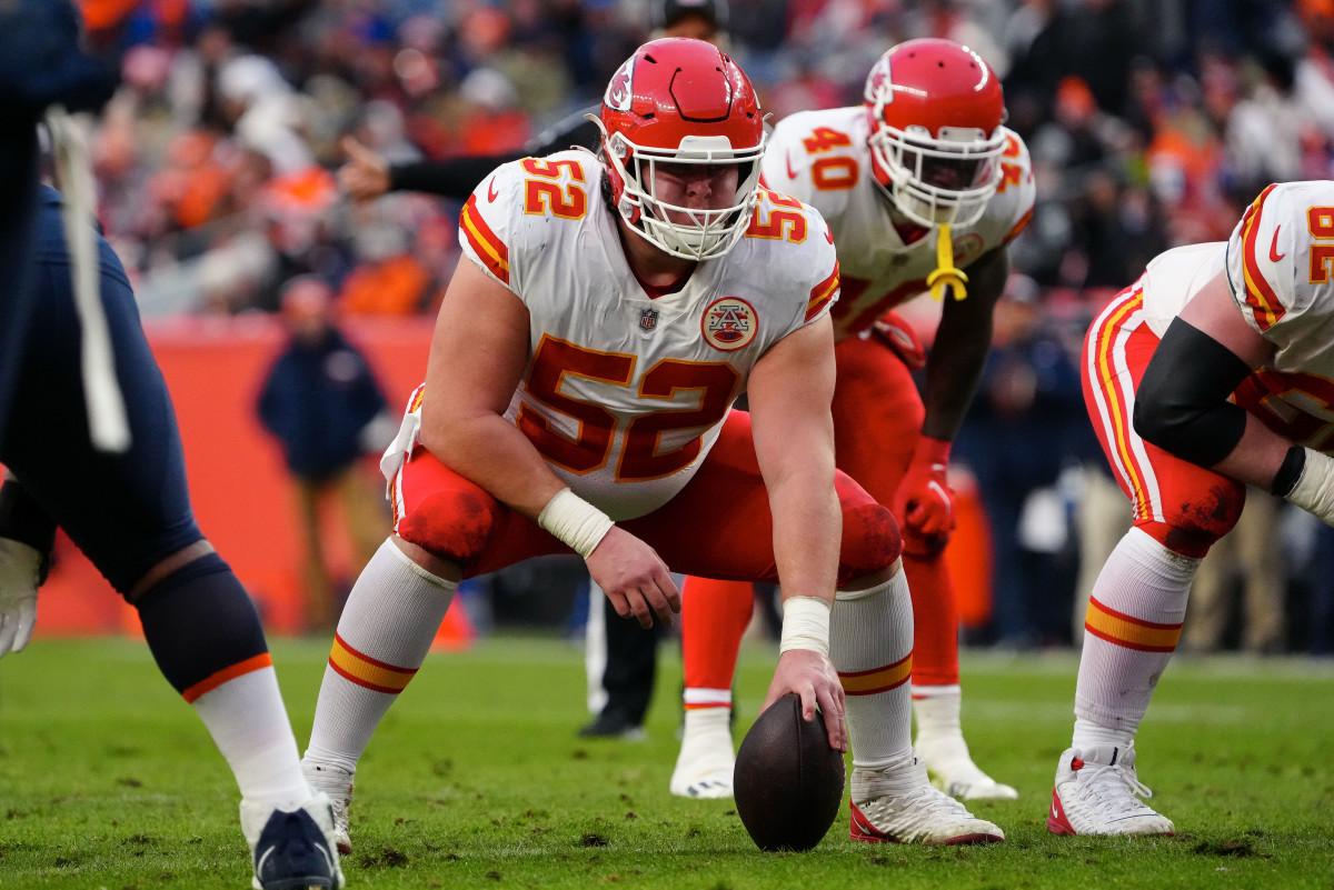 Jan 8, 2022; Denver, Colorado, USA; Kansas City Chiefs center Creed Humphrey (52) at the line of scrimmage in the third quarter against the Denver Broncos at Empower Field at Mile High. Mandatory Credit: Ron Chenoy-USA TODAY Sports